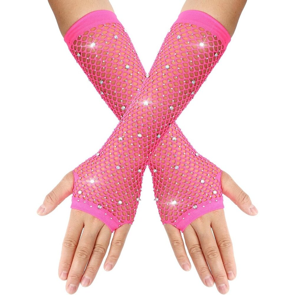 Women's Rose Red Punk Fish Net Arm Sleeve Rhinestone Gloves Costume Halloween